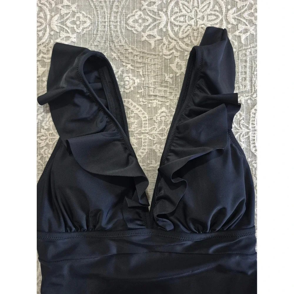 Black Ruffle V-Neck Ruched One Piece Swimsuit Lace Up Back‎ Size Medium